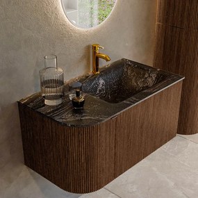 Mondiaz Kurve-dlux 85cm badmeubel ronding links walnut met 1 lade en deur en wastafel cloud kraangat rechts lava
