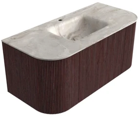 Mondiaz Kurve-dlux 100cm badmeubel ronding links/rechts ruby met 1 lade en 2 deuren en wastafel grunne midden 1 kraangat frappe