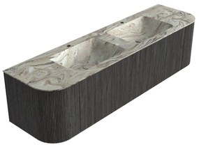 Mondiaz Kurve-dlux 170cm badmeubel ronding links/rechts shadow met 1 lade en 2 deuren en wastafel leaf dubbel 2 kraangaten glace