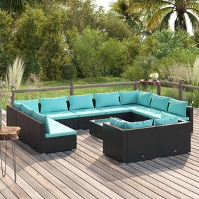 vidaXL 12-delige Loungeset met kussens poly rattan zwart