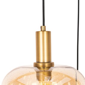 Design hanglamp zwart met messing en amber glas 3-lichts - Zuzanna Design E27 rond Binnenverlichting Lamp