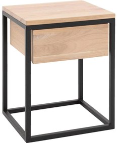 Goossens Nachtkastje Ord, Metaal ral 9005 zwart, met lade en bovenblad massief eik, 40 x 35 x 57 cm hoog