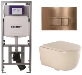 QeramiQ Dely Swirl Toiletset - 36.3x51.7cm - Geberit UP320 inbouwreservoir - slim zitting - koperen bedieningsplaat - rechthoekige knoppen - beige 0701131/SW706197/SW1000770/SW1026259