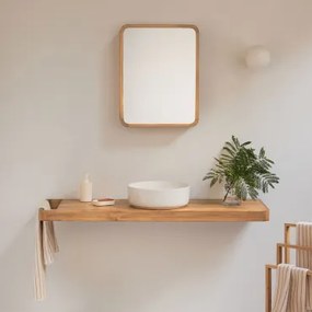 Conjunto Van Meubel 130x45 Cm Hangend In Teakhout Neill Teakhout & Rond Keramiek Wit Ø40 Cm Lenka & Zonder Kraan & Rechthoekig Met Afgeronde Hoeken En