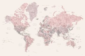 Kaart Detailed watercolor world map in dusty pink and cream, Madelia, Blursbyai