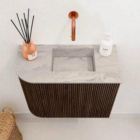 Mondiaz Joya DLux 50cm toiletmeubel ronding links walnut met wastafel faye rechts zonder kraangat glace