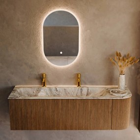 Mondiaz Kurve-dlux 145cm badmeubel ronding rechts dusk met 1 lade en deur en wastafel big large links 2 kraangaten glace