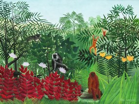 Kunstreproductie Monkeys in the Tropical Forest (Rainforest Jungle Landscape) - Henri Rousseau, (40 x 30 cm)