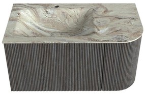 Mondiaz Kurve-dlux 85cm badmeubel ronding rechts shadow met 1 lade en deur en wastafel cloud kraangat links glace