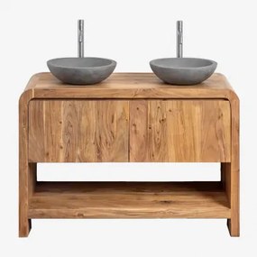 Vacry Houten Badkamermeubelset Acacia Bruin & 2 X Ronde Grijze Cement Ø40 Cm Tarsis & Spiegelloze & 2 X Geborsteld Grijs ↑30 Cm - Sklum