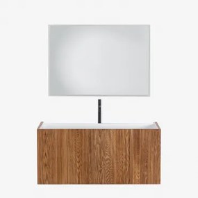 Fiore Houten Badkamermeubelset Met Geïntegreerde Wastafel Donker Hout & Rectangular Led Y Antivaho (100x70) Tasmin & Zwart ↑30 Cm - Sklum