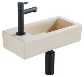 QeramiQ Fuente Fonteinset - 37.5x18.5x9cm - keramiek - kraangat links - fonteinkraan zwart mat - afvoerplug - verlaagd sifon - Mat Beige SW1122452/SW696205/SW696215/SW696235