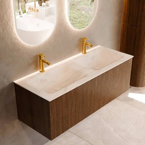 Mondiaz Kurve-dlux 120cm badmeubel dusk met 1 lade en wastafel leaf dubbel 2 kraangaten ostra