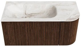 Mondiaz Kurve-dlux 95cm badmeubel ronding rechts walnut met 1 lade en deur en wastafel big small kraangat links frappe