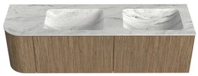Mondiaz Kurve-dlux 155cm badmeubel ronding links dusk met 2 lades en 1 deur en wastafel leaf dubbel/rechts zonder kraangat opalo