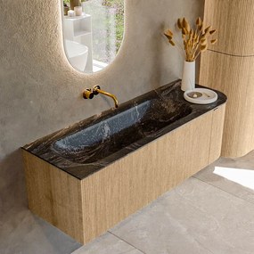 Mondiaz Kurve-dlux 135cm badmeubel ronding rechts oak met 1 lade en deur en wastafel big medium links zonder kraangat lava