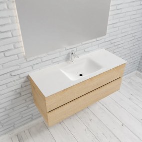 Zaro Valencia Solid Surface badmeubel 120cm licht eiken 1 kraangat spoelbak midden met 2 lades