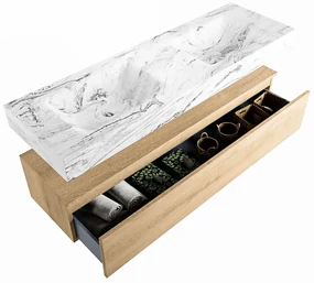 Mondiaz Alan DLux badmeubel 150cm washed oak 1 lade met wastafel glace dubbel zonder kraangat