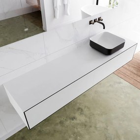 Zaro Lagom volledig naadloos solid surface onderkast met topblad 180cm mat zwart met 2 lades Push tot open. Compleet met solid surface opzetkom met 0 kraangat(en)