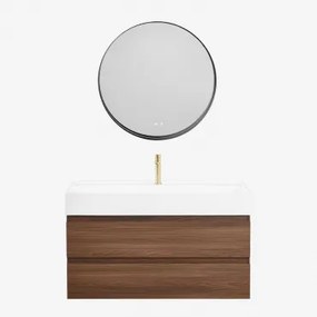 Badkamermeubelset Van Hout En Essenhoutfineer Met Geïntegreerde Wastafel Ona Donker Hout & Round Led And Antifog Zwart Ø80 Cm Kimacs - Sklum