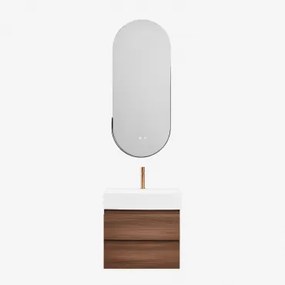 Badkamermeubelset Van Hout En Essenhoutfineer Met Geïntegreerde Wastafel Ona Donker Hout & Oval Led And Antifog Black 45x105 Cm - Sklum
