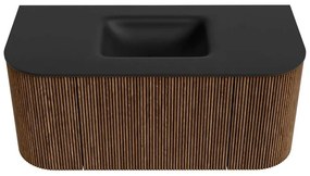 Mondiaz Kurve 100cm badmeubel ronding links/rechts walnut met 1 lade en 2 deuren en wastafel grunne midden 1 kraangat urban