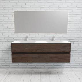 Zaro Valencia Solid Surface badmeubel 150cm donker eiken 2 kraangaten dubbele spoelbak met 2 lades