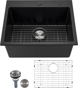 VEVOR Granieten Keuken Spoelbak (635 x 559 x 254 mm) voor Opbouwmontage, Inbouw Spoelbak in Landelijke Stijl met Accessoires, Huishoudelijke Spoelbak voor Campers, Voorbereidingskeukens, Bars, Zwart