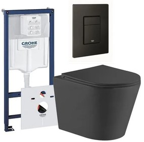 QeramiQ Dely Toiletset - Grohe inbouwreservoir - mat zwarte bedieningsplaat - rechthoek toilet - zitting - mat zwart 0729205/sw543433/sw656727/