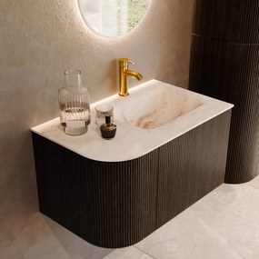 Mondiaz Kurve-dlux 75cm badmeubel ronding links shadow met 1 lade en deur en wastafel grunne kraangat rechts frappe