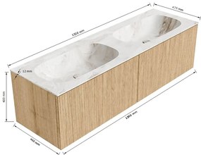 Mondiaz Kurve-dlux 150cm badmeubel oak met 2 lades en wastafel stor small dubbel zonder kraangat glace