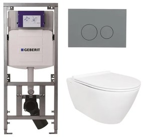 QeramiQ Salina Toiletset - rimless - Geberit inbouwreservoir - diepspoel wandcloset - softclose - quickrelease - bedieningsplaat licht grijs - ronde knoppen - wit 0701131/SW96855/SW96857/SW1102374