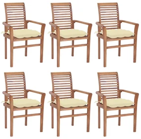 vidaXL Eetkamerstoelen 6 st met crèmewitte kussens massief teakhout
