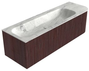 Mondiaz Kurve-dlux 145cm badmeubel ronding rechts ruby met 1 lade en deur en wastafel big large links zonder kraangat opalo