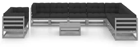 vidaXL 11-delige Loungeset met kussens massief grenenhout grijs