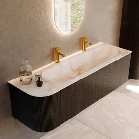 Mondiaz Kurve-dlux 145cm badmeubel ronding links shadow met 1 lade en deur en wastafel big large rechts 2 kraangaten frappe