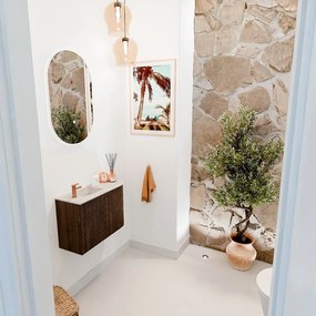 Mondiaz Joya DLux 60cm toiletmeubel ronding rechts walnut met wastafel faye links 1 kraangat ostra
