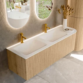 Mondiaz Kurve 145cm badmeubel ronding rechts oak met 1 lade en deur en wastafel cloud dubbel/links 2 kraangaten