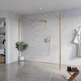 Fortifura Galeria Vrijstaande Inloopdouche - 180x200cm - Helder - antikalk - 8mm veiligheidsglas - 2 zijwanden 30cm - wandsteunen en hoekprofielen - Geborsteld Messing PVD (Goud) SW927770 2x/SW797920/SW797909 2x/SW798731 2x
