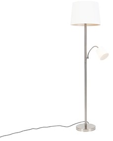 Klassieke vloerlamp staal met witte kap en leeslampje - Retro