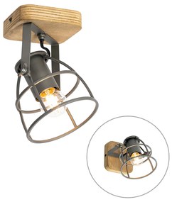 Industriële Spot / Opbouwspot / Plafondspot antraciet met hout verstelbaar - Arthur Industriele / Industrie / Industrial E27 vierkant Binnenverlichting Lamp