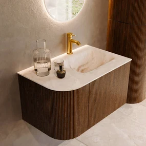 Mondiaz Kurve-dlux 75cm badmeubel ronding links dusk met 1 lade en deur en wastafel grunne kraangat rechts frappe