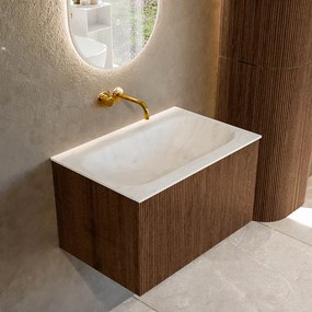 Mondiaz Kurve-dlux 70cm badmeubel walnut met 1 lade en wastafel big small midden zonder kraangat opalo