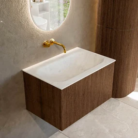 Mondiaz Kurve-dlux 70cm badmeubel walnut met 1 lade en wastafel big small midden zonder kraangat opalo