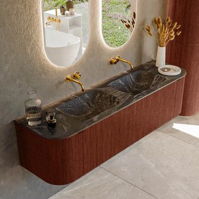 Mondiaz Kurve-dlux 170cm badmeubel ronding links/rechts ruby met 1 lade en 2 deuren en wastafel leaf dubbel zonder kraangat lava