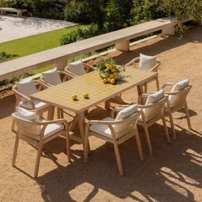 Set Van Een Rechthoekige Tafel 200x100 Cm In Tegellook En 8 Tuinstoelen Van Acaciahout En Cement Dubai Geel – Messing & Rustiek Acaciabruin - Sklum