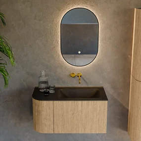 Mondiaz Kurve 85cm badmeubel ronding links oak met 1 lade en deur en wastafel cloud rechts zonder kraangat urban