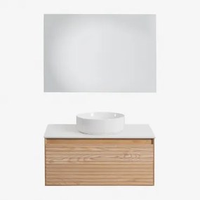 Tedrik Badkamermeubelset In Essenhout Ash Brown & Rond Keramiek Wit Ø40 Cm Lenka & Rechthoekige Led En Anticondens 100x70 Cm Tamsin & Zonder Kraan -