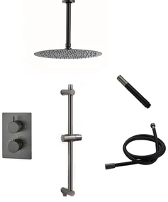 Saniclear Iron Pro inbouw regendouche met plafondarm, 30cm hoofddouche en glijstang verouderd ijzer - gunmetal
