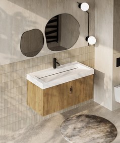 Muebles Calas badmeubel ribbelfront 100cm warm eiken met solid surface wastafel met kraangat